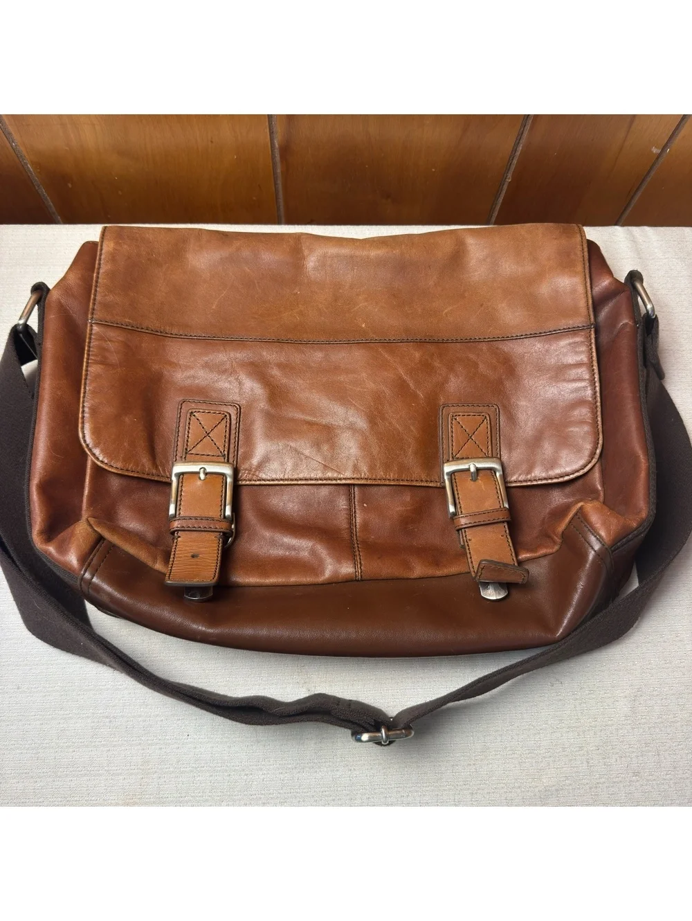 Fossil Genuine Leather Messenger Bag Brown Work Satchel Briefcase 16x12